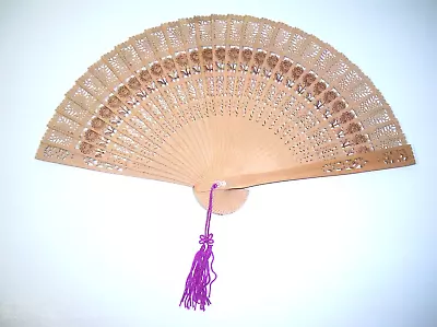 Vintage Chinese Sandalwood Fan Carved Burned Openwork With Tassel And Box • $11.40