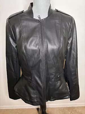 GILI Faux Leather Jacket Double Peplum Zip Up Vegan Black Zipper Detail Size 10 • $65