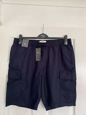 M&S MENS NABY BLUE LINEN & COTTON BLEND CARGO SHORTS Size L Waist 36”-38” Bnwt • £18.99