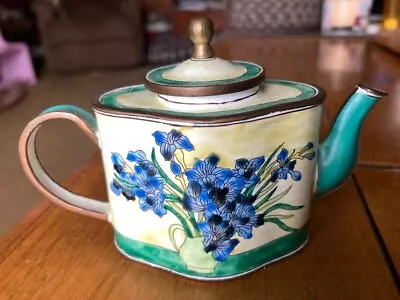 Vintage KELVIN CHEN Miniature Copper Enamel Teapot With Iris Van Gogh 3  Tall • $30