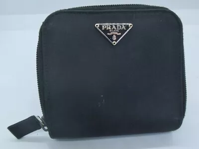 Prada Womens Nylon Zip Around Card Holder Black Bifold Organizer Wallet • $70