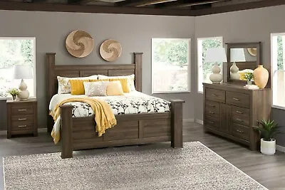 NEW Queen Poster Bedroom 4PC Rustic Oak Brown Vintage Barn Traditional B/D/M/N • $1999.99