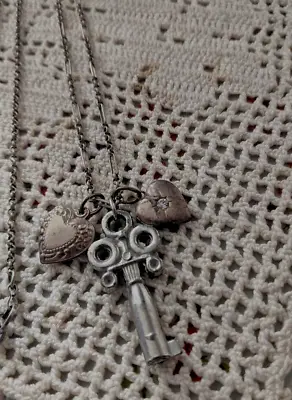 Vintage Key Heart Charm Necklace Silvertone Pendant Steampunk Victorian • $18