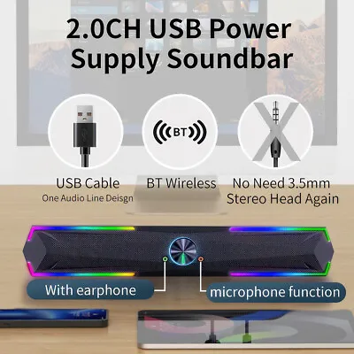 LED USB Stereo Wired Sound Bar Computer Speakers For PC Desktop Laptop Soundbar • £18.99