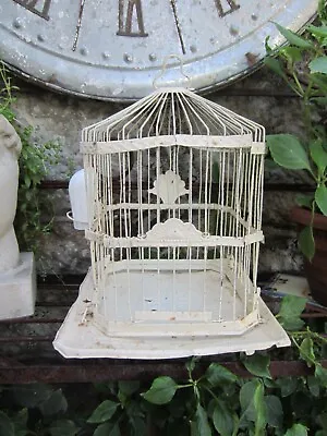 Antique EARLY HENDRYX Metal Bird Cage... Chippy White Paint W/MILK GLASS Feeder • $76