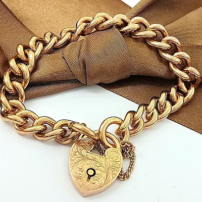 Ladies Rose Gold 9ct (375 9k) Rare Solid Curbed Chain Heart Padlock Bracelet • $3955.77