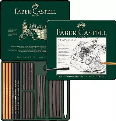 Faber-Castell Pitt Charcoal Pencil & Stick Drawing Sketching Tin Set 24pc • £38.99