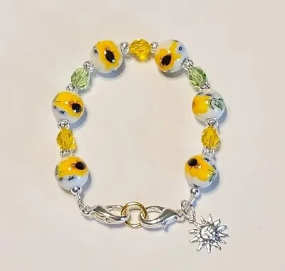 Porcelain Painted Yellow Sunflower Beads Medical Alert ID Replacement Bracelet • $8.50