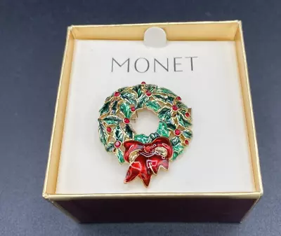 New Old Stock Vintage Monet Wreath Christmas Pin Brooch Gold Rhinestone Enamel • $25