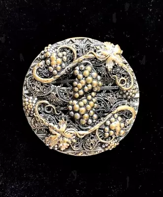 Vintage 2 Tone Brass Layered Filigree GRAPES Motif Large Round Dress Fur Clip • $19.99