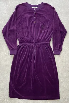 Vintage St Michael Purple Velour Midi Dress Long Sleeve Drawstring Buttons Uk18 • $24.87