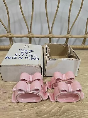 Cute Vintage 4 Made In Taiwan Pink Retro Bow Napkin Ring Holders In Original Box • $20