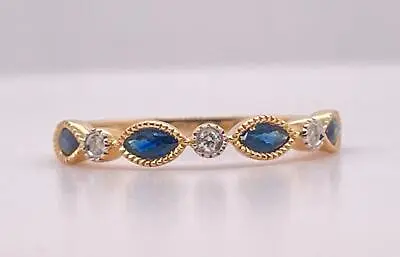 14K Yellow Gold 0.35ctw Marquise Sapphire & Natural Round Cut Diamond Band Ring • $489