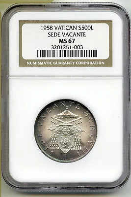 1958 Vatican Sede Vacante 500 Lire Coin NGC MS 67 Toning Toned - G97 • $150