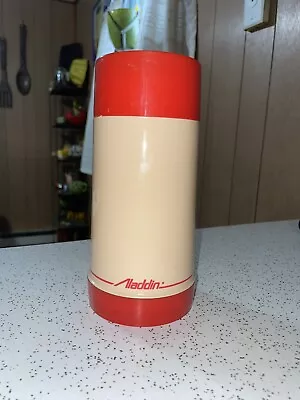 Vintage Aladdin Hot Cold Thermos Bottle Wide Mouth 10oz Tan And Red  • $15