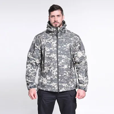 Airsoft Men's Soft Shell Jacket Outdoor Military Camo Winter Waterproof Hooded • $50.34