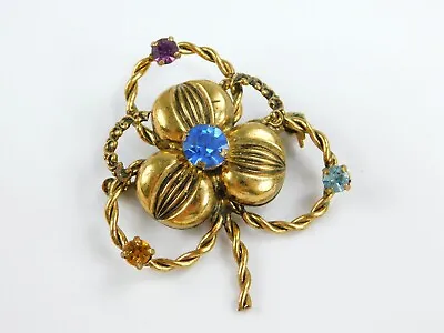 Vintage AZUB Austria Glass Rhinestone Clover Brooch Pin 2  Brass PRETTY! • $29.99