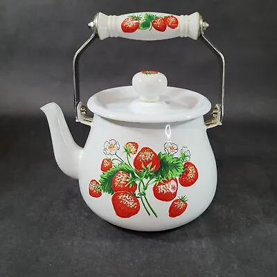 $39.97 • Buy Vintage Enamel Tea Water Kettle Pot Strawberry Design White Red Hand Painted