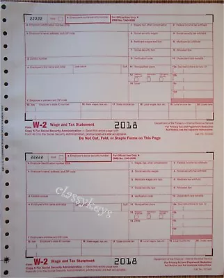 2018 IRS Tax Form W-2 Wage Stmts 6-pt CARBONLESS Single Sheet For 2 Employees • $8.28