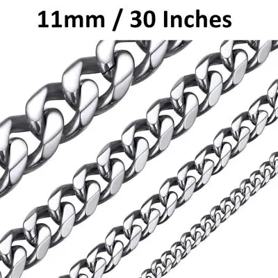 Silver 316l Stainless Steel 11mm Wide 30 Inch Long Cuban Curb Chain Necklace • £11.99