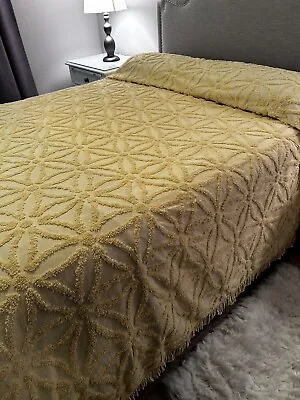 Chenille Bedspread Flowers Yellow Gold 100% Cotton Queen 102”x118” • $45
