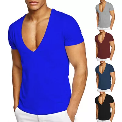 100% Cotton Men Short Sleeve Deep V Neck T Shirt Slim Fit Clubwear Office Tops • $12.57