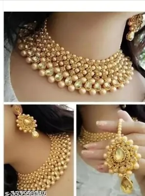 Gold Jhumka Earrings Indian Bollywood Choker Necklace Bridal Jewelry Set & Tika • $20
