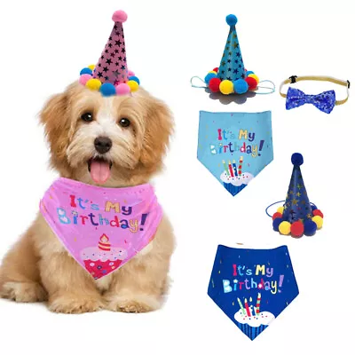 Pet Dog Cat Happy Birthday Hat Headwear Bandana Neckerchief Ties Party Fancy • £3.66