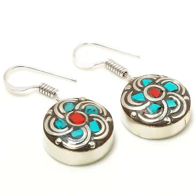 Red Coral Turquoise Handmade Ethnic Drop/Dangle Earrings Nepalese 1.40  SR 5027 • $4.99