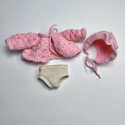 Vintage Doll Clothes Pink Small For 8” Dolls Crochet Knit Sweater Bonnet Panties • $12