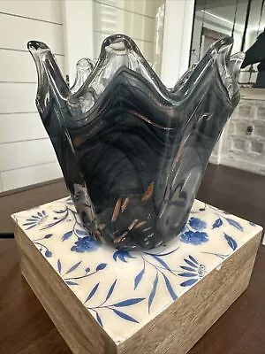 Vintage Moreno Art Glass Pulled Vase Smoky Gray Black And Gold Sparkle Swirl • $50