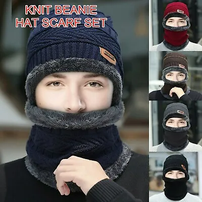 Men's Winter Beanie Hat & Scarf Set Warm Fleece Knitted Thick Knit Cap Unisex • £7.59