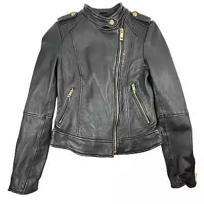 Zara Women's Moto Jacket Medium Sheep Leather Long Sleeve Asymmetrical Zip Black • $48