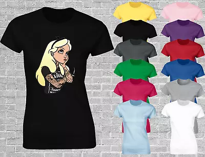 Alice Tattoos Ladies T Shirt Cool Retro Goth Top Music Punk Funny Tattoo New • £8.99