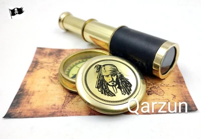 £34.98 • Buy Captain Jack Sparrow Brass Compass With Mini 2 Fold Telescope Leather Grip