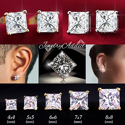$3.99 • Buy 18K GOLD GF 3mm-10mm MENS WOMEN KID CT SQUARE DIAMOND STUD EARRINGS EAR Piercing