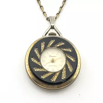 Vintage Lucerne Pendant Watch Necklace Gold Black Tone 26 Inches Swiss Made 60s • $15