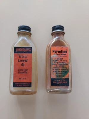 $2.99 • Buy Vintage Artists Linseed Oil & Permtine Glass Bottles Permanent Pigments