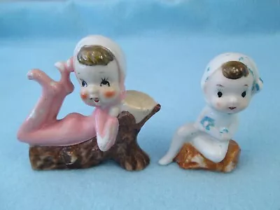 2 Vintage Ceramic Pixie Elves 1 Pink Sitting On Logs Made In Japan- Paint Loss • $9.99