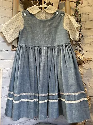 $28 • Buy Vtg Grace Girls Prairie Dress Sz 5-7 Y Overal Chambray Blue MadeUSA Set EUC 1980