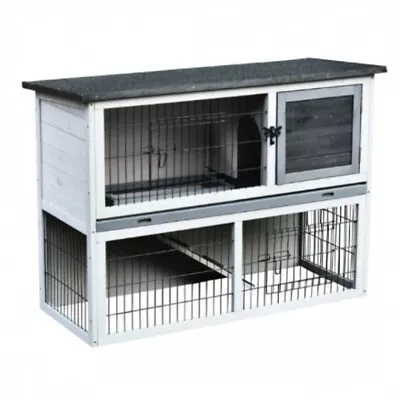 PawHut Small Animal Two-Level Fir Wood Rabbit Hutch Bunny Cage W/ Slide Out Tray • $49.99