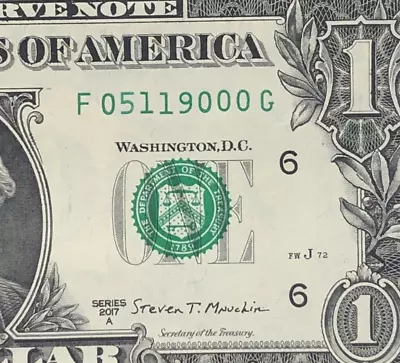 Trailing 0s Fancy Serial Number One Dollar Bill F05119000G FW Print • $4.50