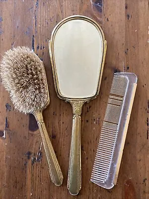 Vintage Antique S&B 3pc Vanity Set Bronze: Mirror Comb Brush • $17.95