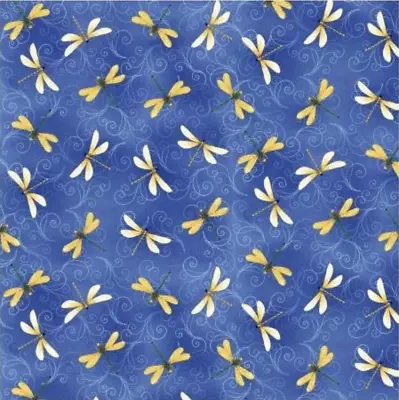 Henry Glass Waterlily Magic Waterlily Dragonfly Swirl Toss Indigo Fabric By Yard • $12