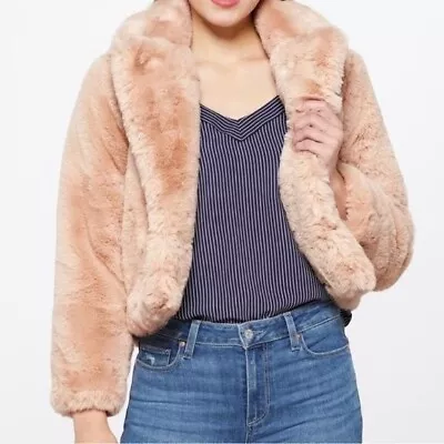 NWT MINKPINK Anya Faux Fur Coat Size L Cropped Teddy Pockets Beige Pink Fuzzy • $76.99