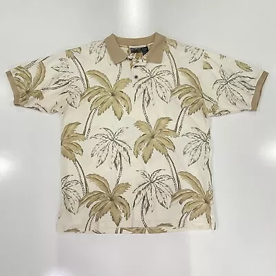 VTG 90’s OP Ocean Pacific Sunwear Men's Hawaiian Polo Shirt Beige Palm Tree Sz L • $17.95