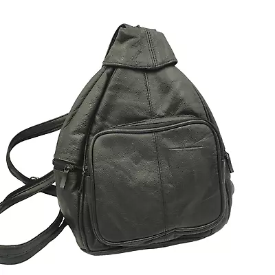 Fabretti Vintage Genuine Black Leather Convertible Zip Shoulder Strap Backpack • $49.95