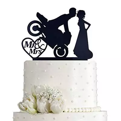 Motorcycle Funny Wedding Cake Topper Mr & Mrs Bride Groom With Motorbike Blac... • $16.80