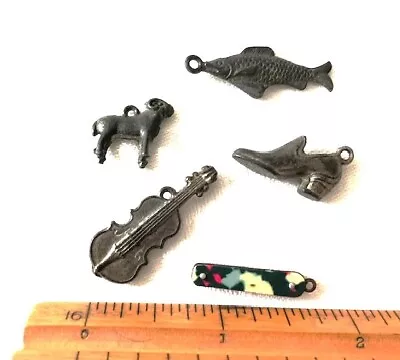 Vintage Lot Of 5 Small Charms; Shoe Fish Ram Violin Fan.  Metal Mostly. • $4