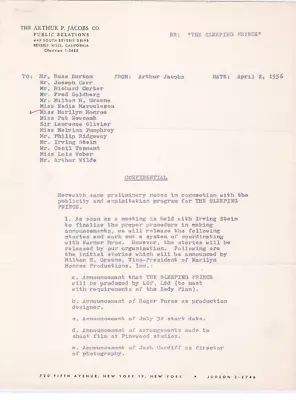 Marilyn Monroe Original Publicist Letter + Draft +check - Great Content -1956 • $195